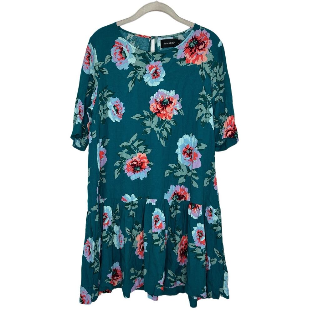 Mink Pink Womens Floral Printed Teal Babydoll Mini Dress Green Size M